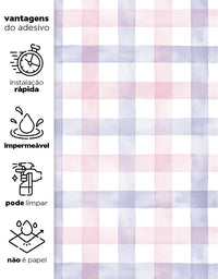 KIT DE 6 ROLOS - 1,00m x 50cm - Papel de Parede Adesivo Xadrez Vichy Aquarela Rosa e Lilás