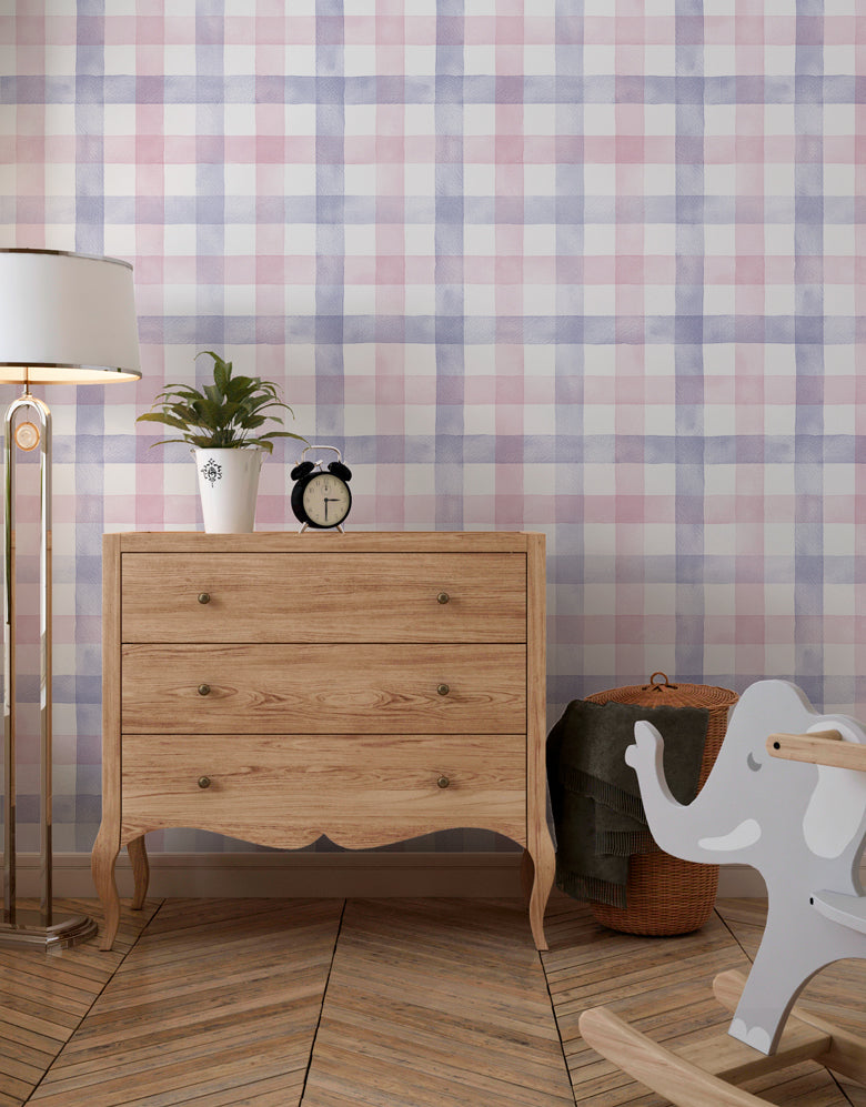 Papel de Parede Adesivo Xadrez Vichy Aquarela Rosa e Lilás