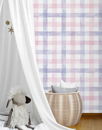 KIT DE 1 ROLOS - 3,00m x 50cm - Papel de Parede Adesivo Xadrez Vichy Aquarela Rosa e Lilás