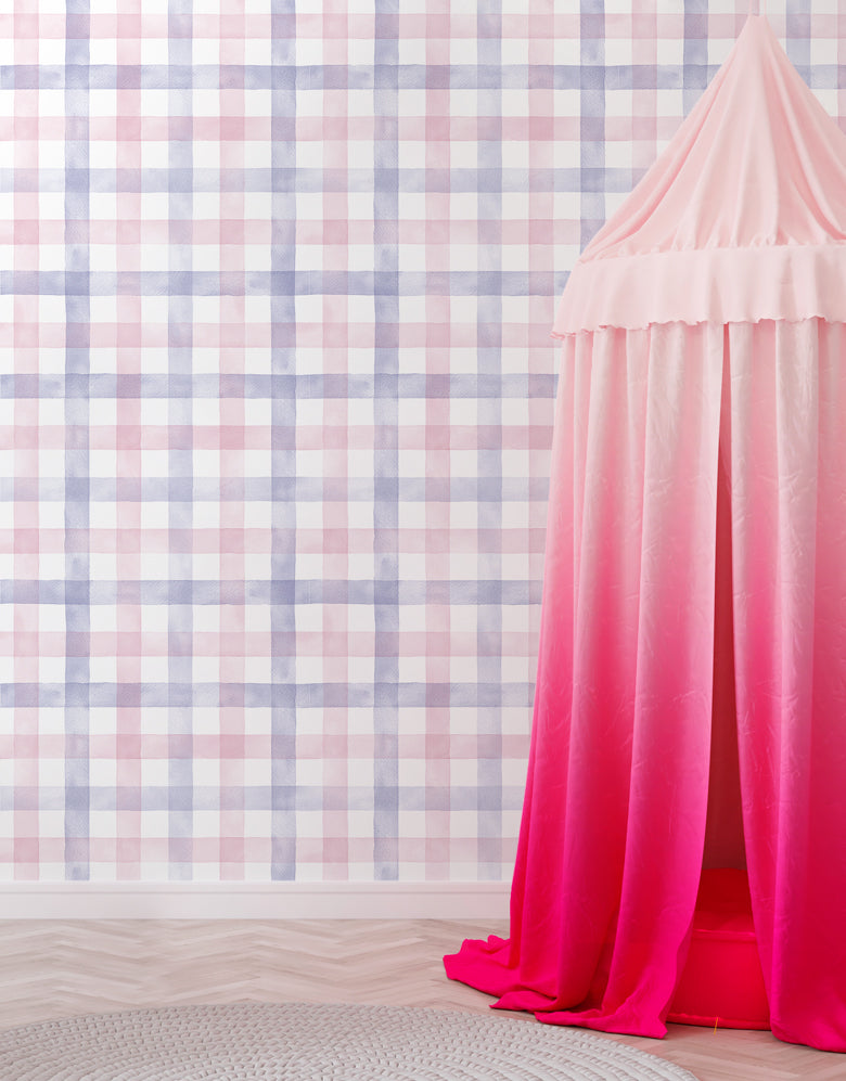KIT DE 1 ROLOS - 3,00m x 50cm - Papel de Parede Adesivo Xadrez Vichy Aquarela Rosa e Lilás