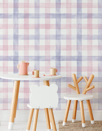 KIT DE 4 ROLOS - 1,00m x 50cm - Papel de Parede Adesivo Xadrez Vichy Aquarela Rosa e Lilás