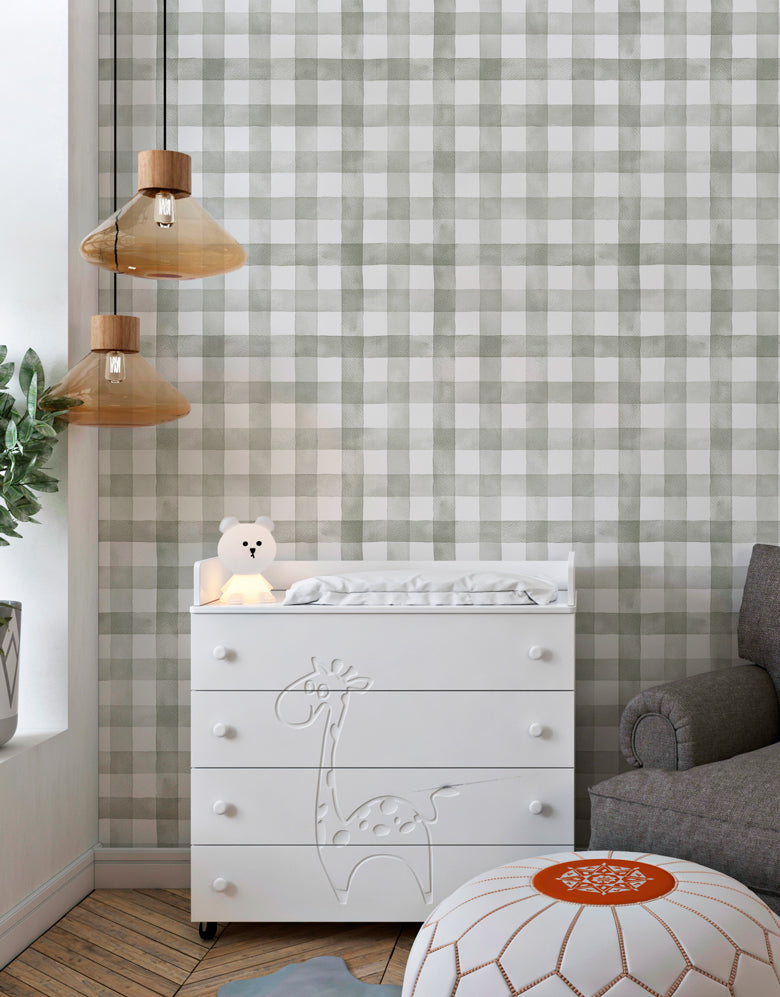 Papel de Parede Adesivo Xadrez Vichy Aquarela Sálvia