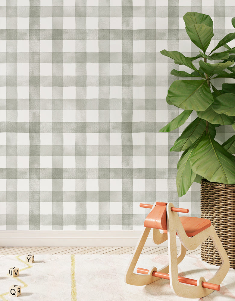 Papel de Parede Adesivo Xadrez Vichy Aquarela Sálvia