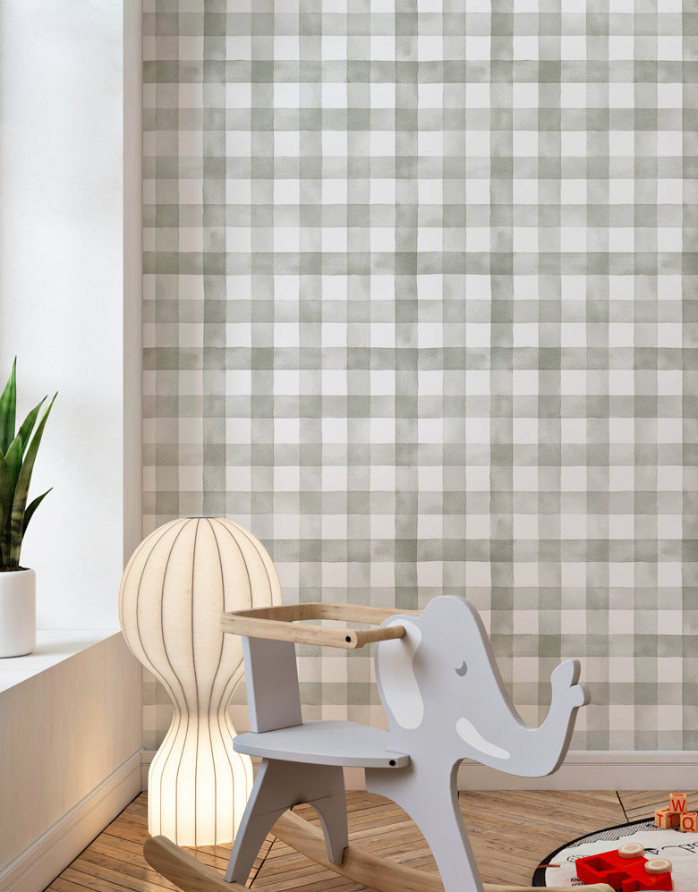 Papel de Parede Adesivo Xadrez Vichy Aquarela Sálvia