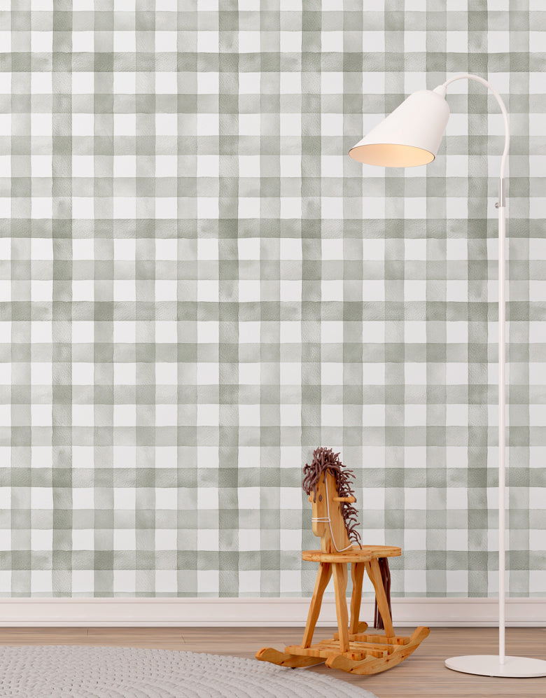 Papel de Parede Adesivo Xadrez Vichy Aquarela Sálvia