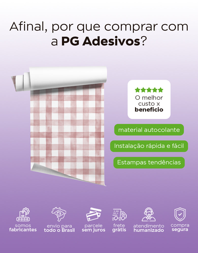 KIT DE 5 ROLOS - 1,00m x 50cm - Papel de Parede Adesivo Xadrez Vichy Aquarela Rosa Blush