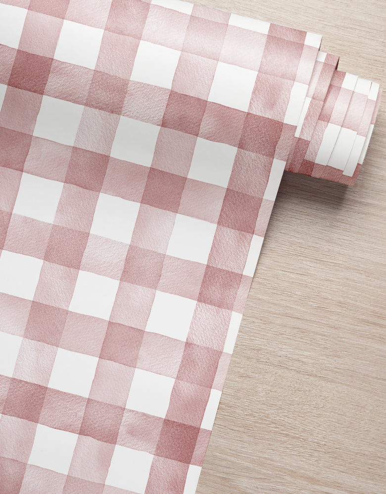 Papel de Parede Adesivo Xadrez Vichy Aquarela Rosa Bush