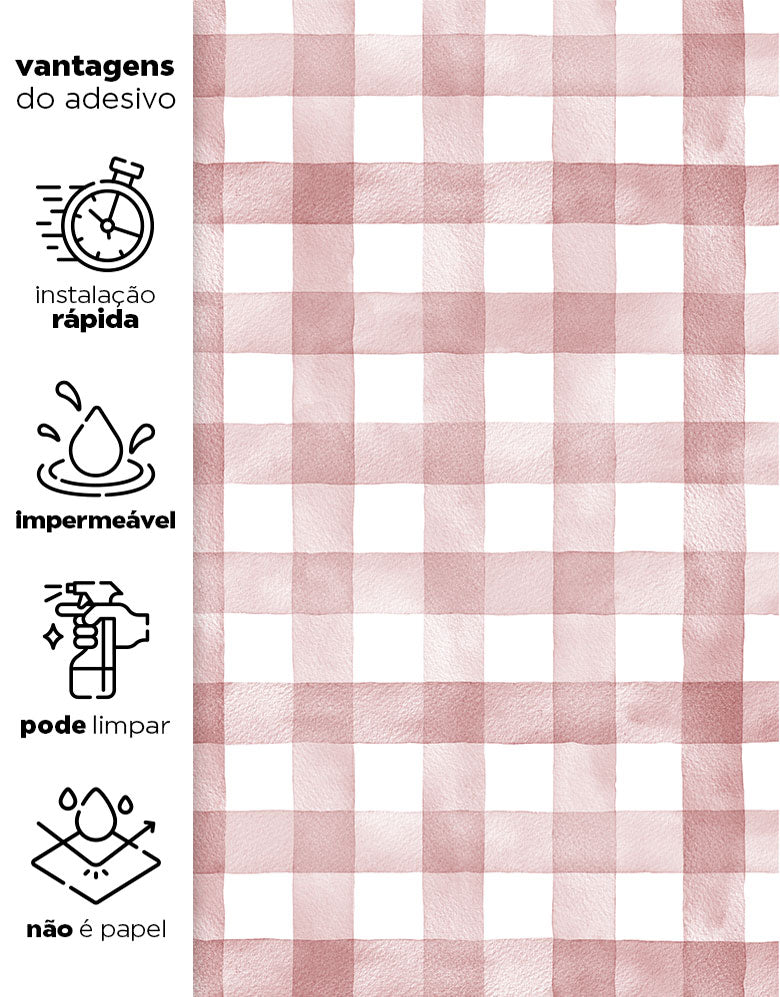 KIT DE 5 ROLOS - 1,00m x 50cm - Papel de Parede Adesivo Xadrez Vichy Aquarela Rosa Blush