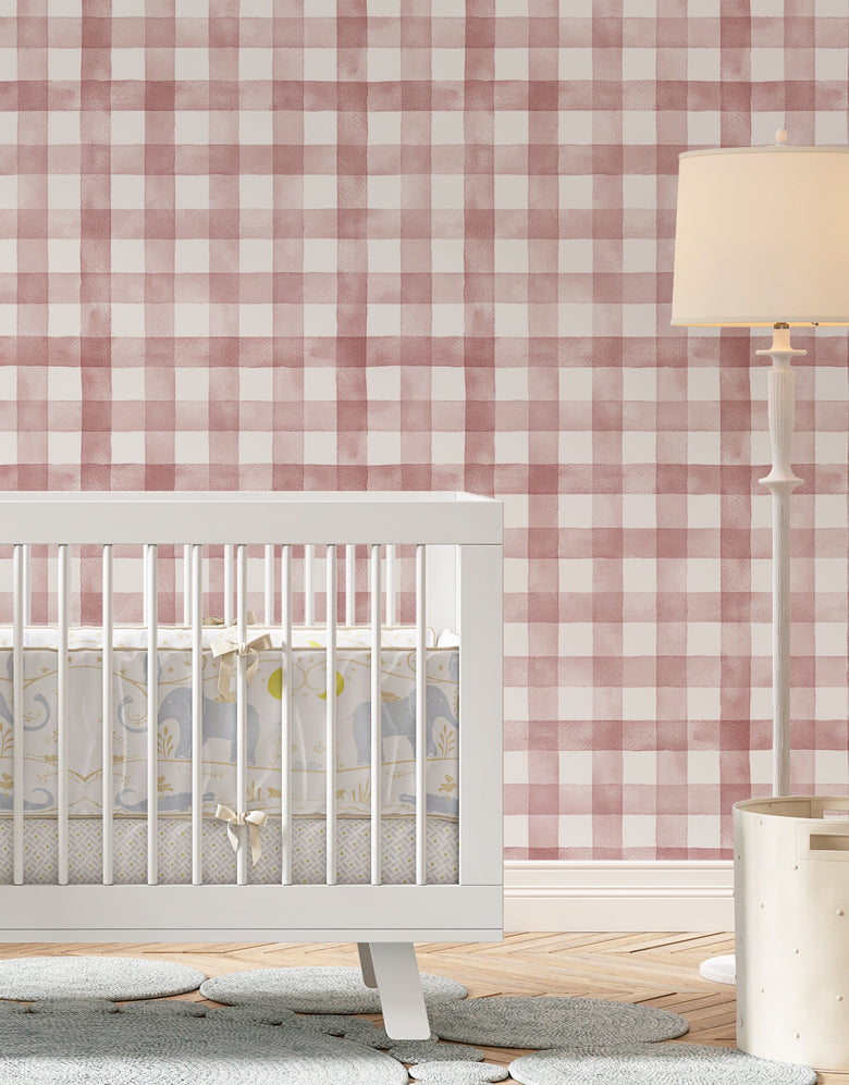 Papel de Parede Adesivo Xadrez Vichy Aquarela Rosa Bush