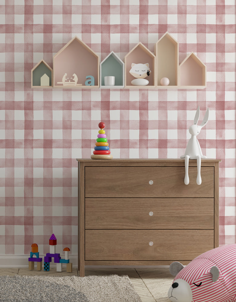 Papel de Parede Adesivo Xadrez Vichy Aquarela Rosa Bush