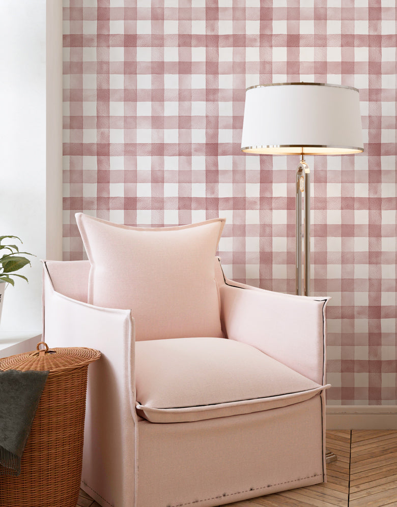 Papel de Parede Adesivo Xadrez Vichy Aquarela Rosa Bush