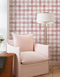 Papel de Parede Adesivo Xadrez Vichy Aquarela Rosa Bush