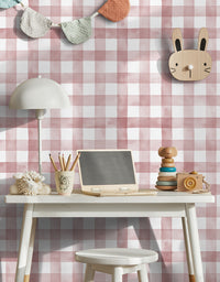 Papel de Parede Adesivo Xadrez Vichy Aquarela Rosa Bush