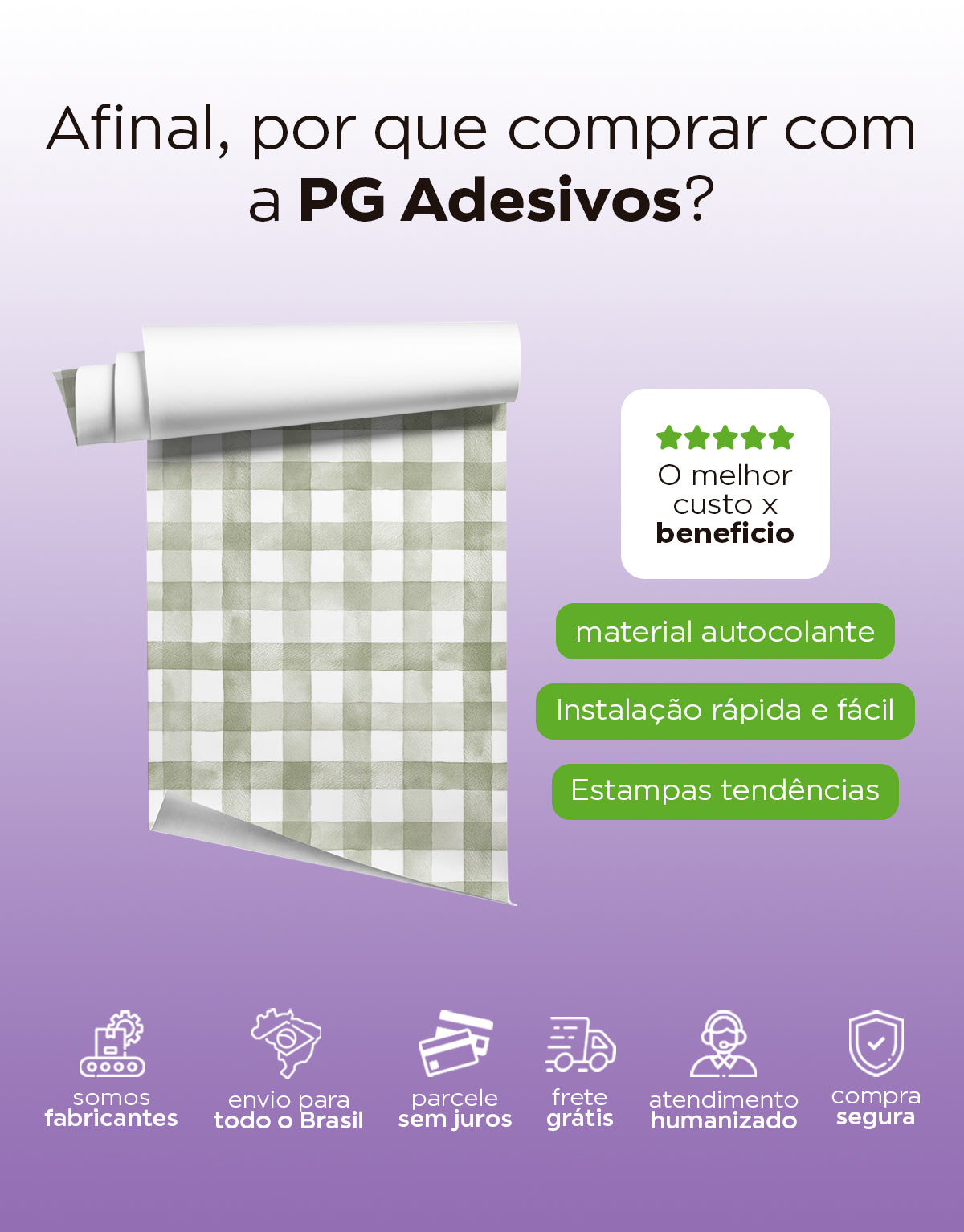 KIT DE 5 ROLOS - 1,00m x 50cm - Papel de Parede Adesivo Xadrez Vichy Aquarela Oliva