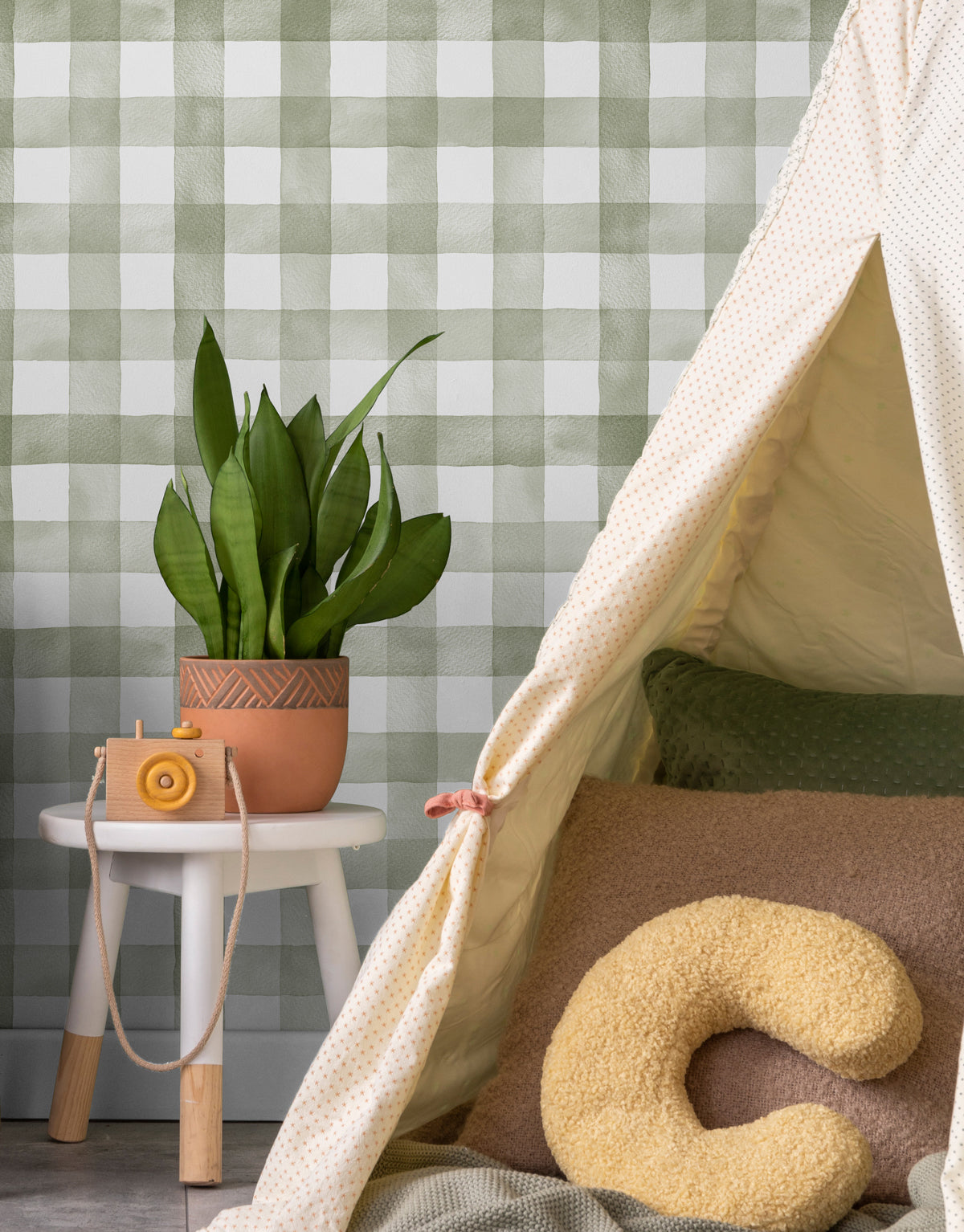 Papel de Parede Adesivo Xadrez Vichy Aquarela Oliva