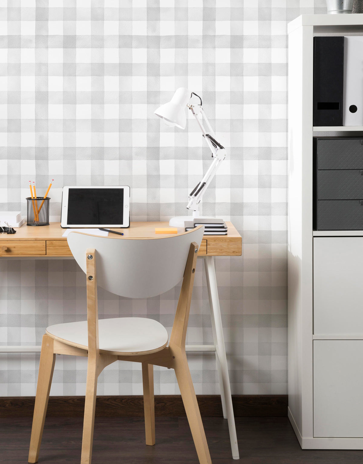 Papel de Parede Adesivo Xadrez Vichy Aquarela Cinza Crômio