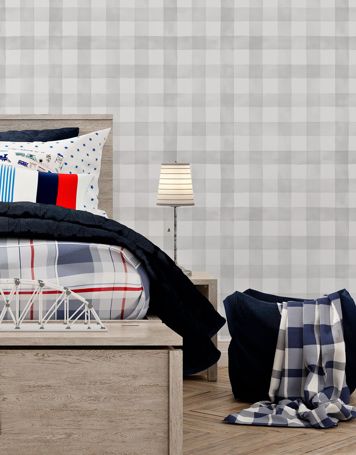 KIT DE 3 ROLOS - 3,00m x 50cm - Papel de Parede Adesivo Xadrez Vichy Aquarela Cinza Crômio