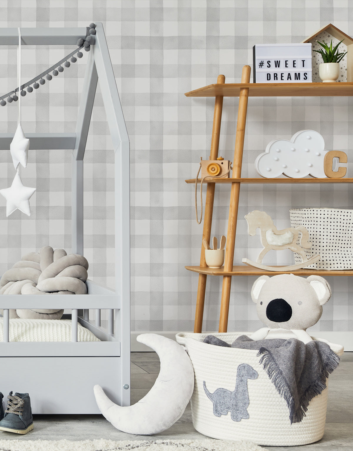 Papel de Parede Adesivo Xadrez Vichy Aquarela Cinza Crômio