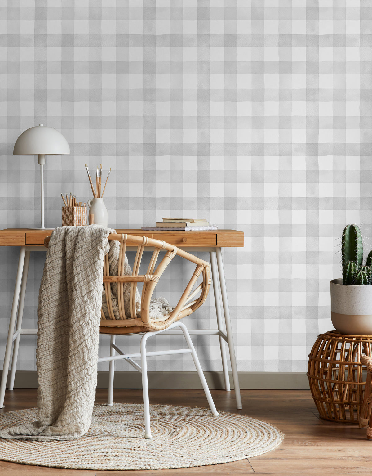 Papel de Parede Adesivo Xadrez Vichy Aquarela Cinza Crômio