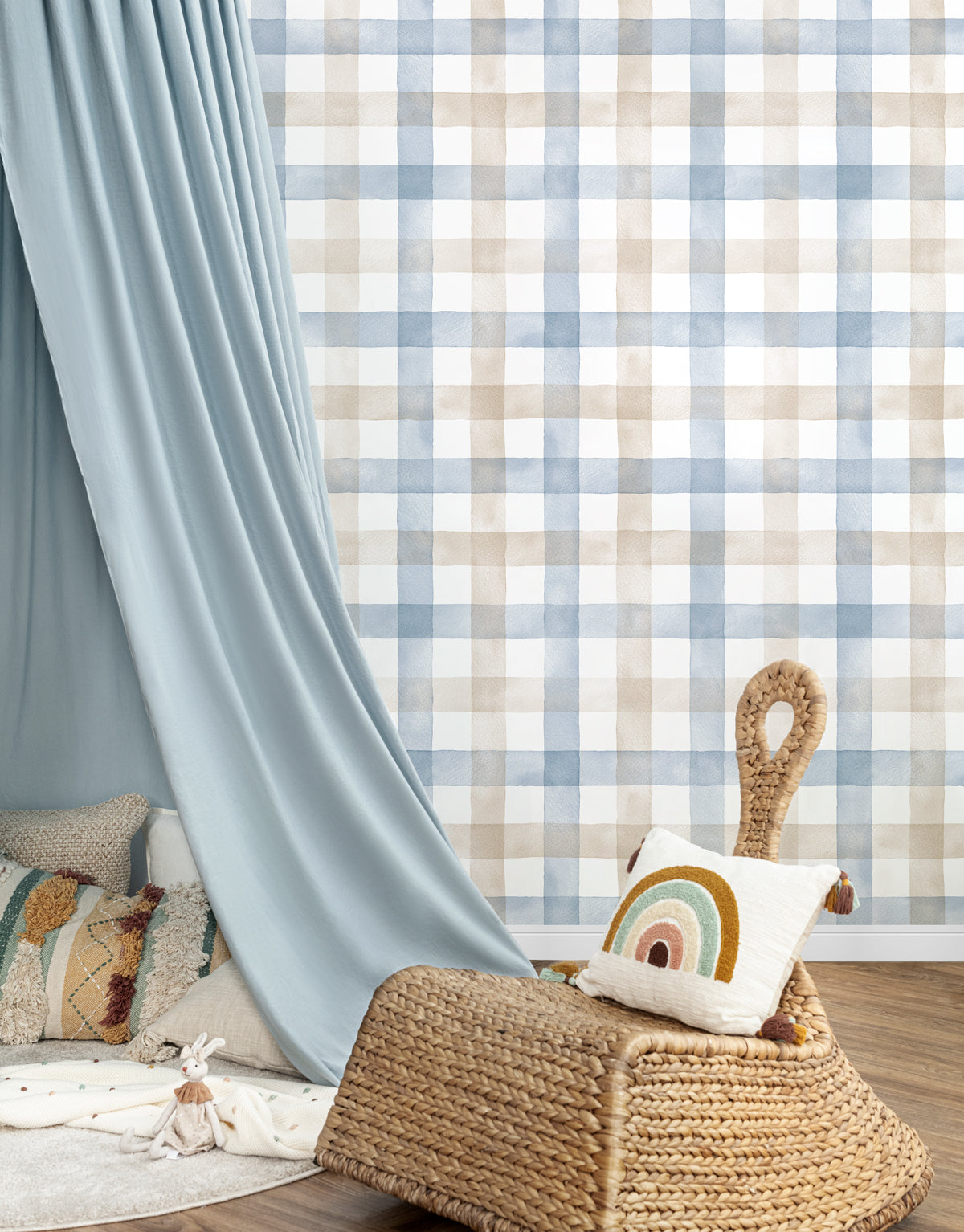 Papel de Parede Adesivo Xadrez Vichy Aquarela Azul e Marrom