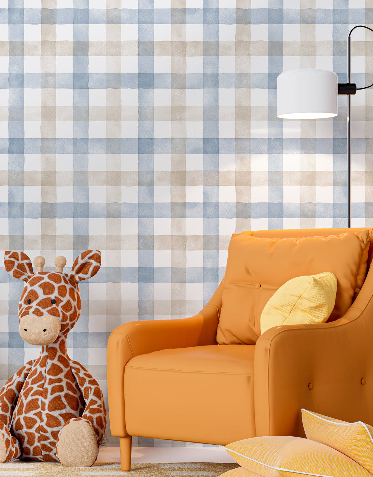 Papel de Parede Adesivo Xadrez Vichy Aquarela Azul e Marrom