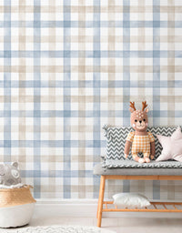 KIT DE 5 ROLOS - 1,00m x 50cm - Papel de Parede Adesivo Xadrez Vichy Aquarela Azul e Marrom