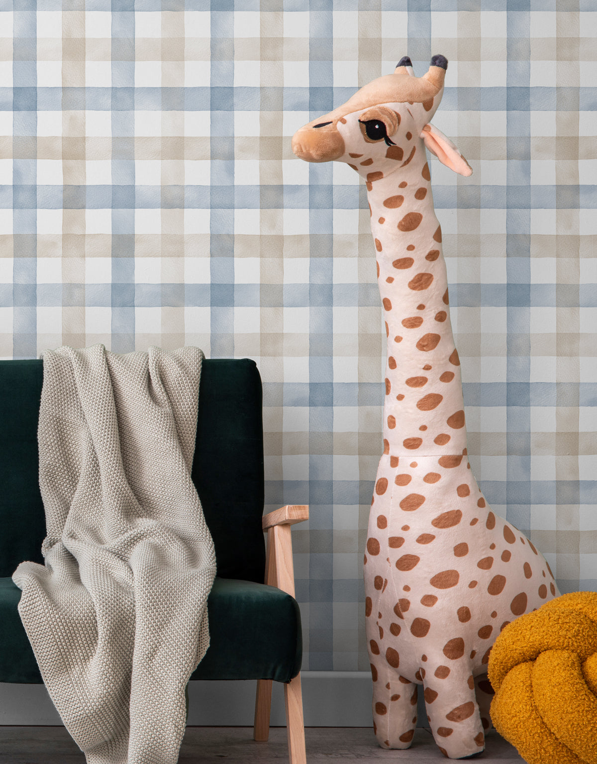 Papel de Parede Adesivo Xadrez Vichy Aquarela Azul e Marrom