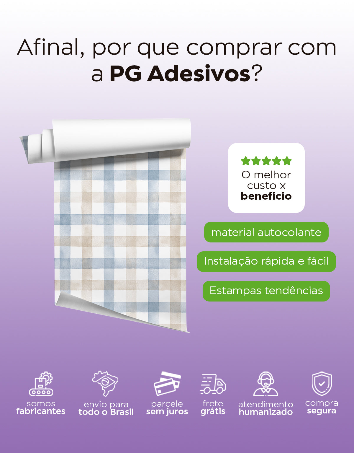 KIT DE 5 ROLOS - 1,00m x 50cm - Papel de Parede Adesivo Xadrez Vichy Aquarela Azul e Marrom