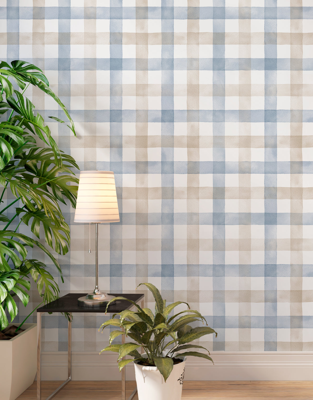 Papel de Parede Adesivo Xadrez Vichy Aquarela Azul e Marrom