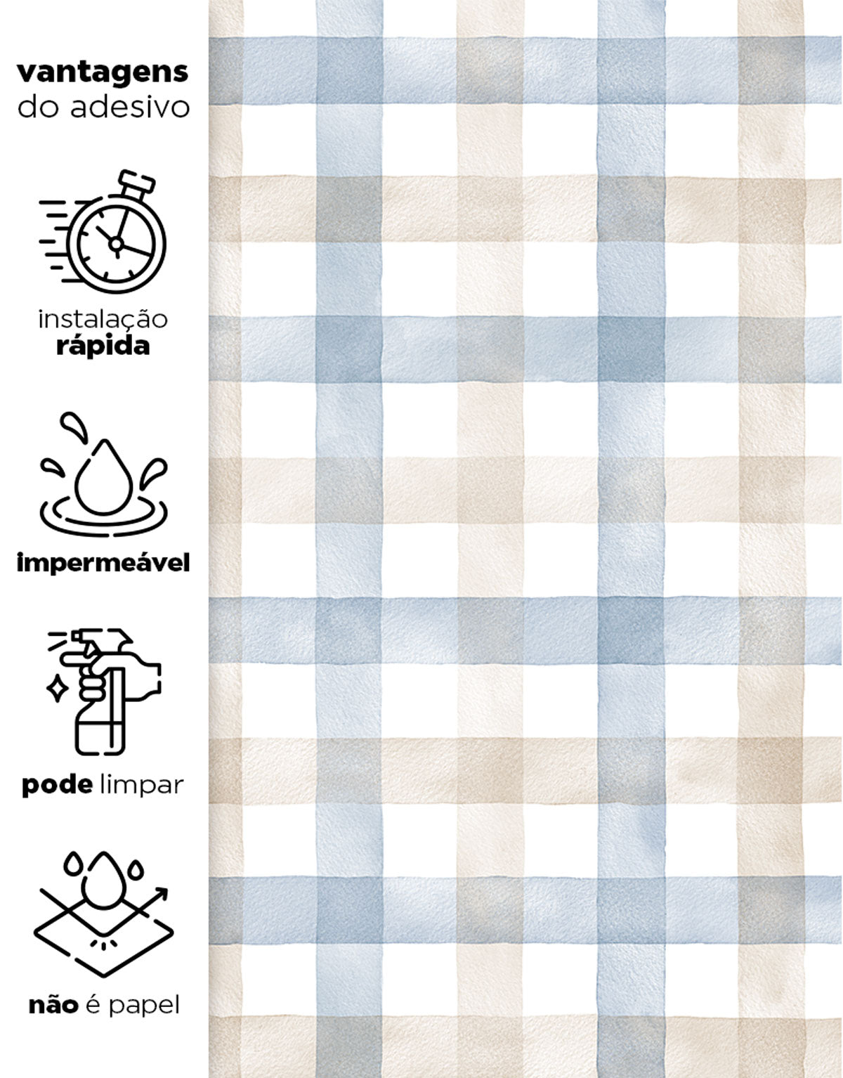 KIT DE 5 ROLOS - 1,00m x 50cm - Papel de Parede Adesivo Xadrez Vichy Aquarela Azul e Marrom