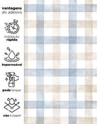 KIT DE 5 ROLOS - 1,00m x 50cm - Papel de Parede Adesivo Xadrez Vichy Aquarela Azul e Marrom