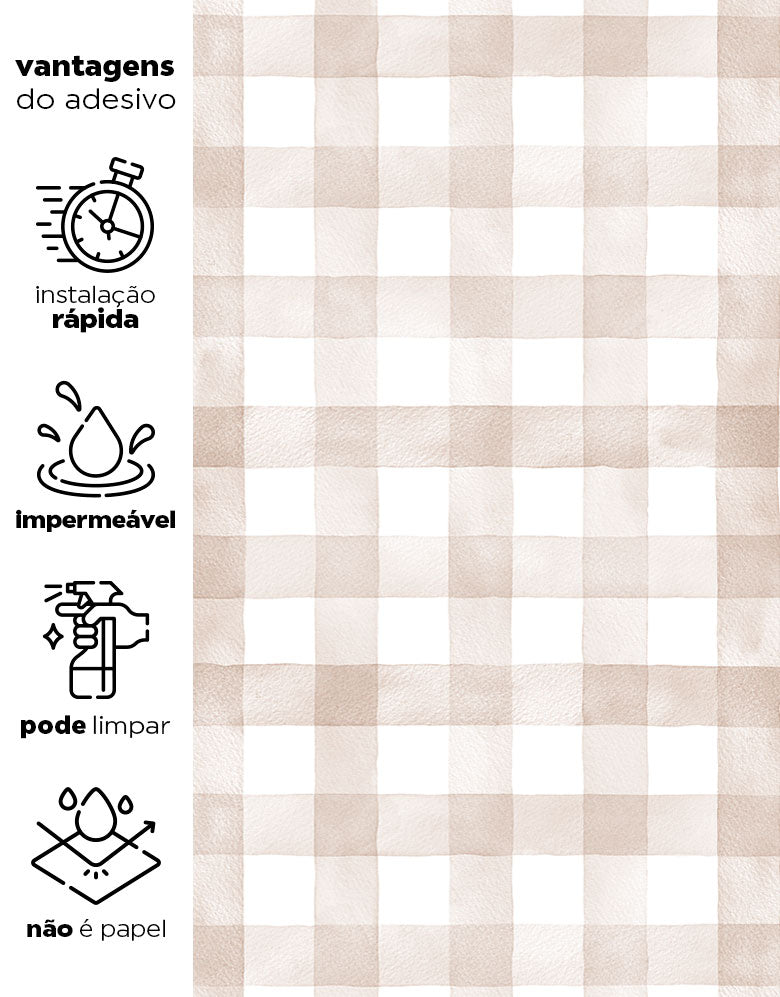 KIT DE 6 ROLOS - 3,00m x 50cm - Papel de Parede Adesivo Xadrez Vichy Aquarela Nude