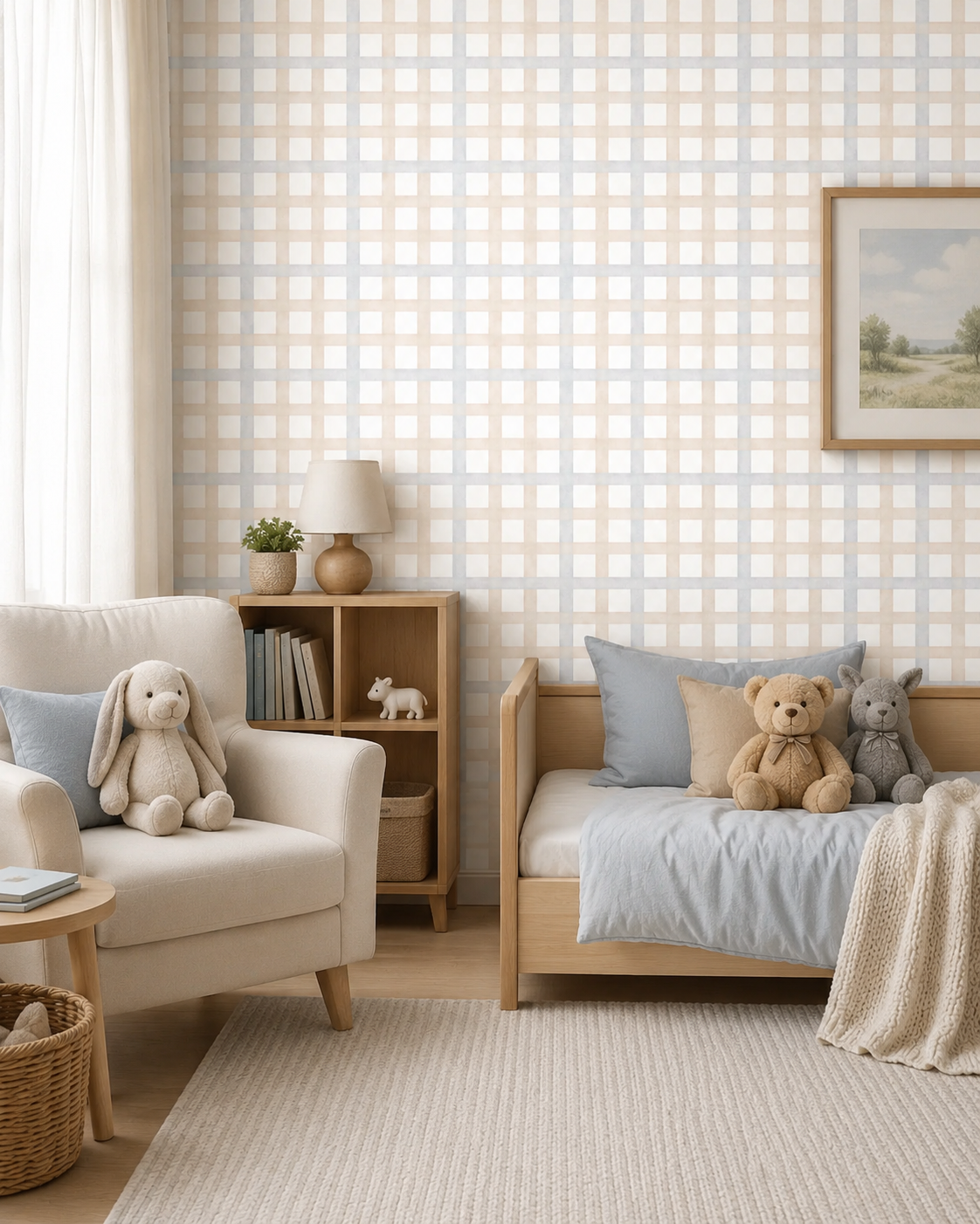 Papel de Parede Adesivo Xadrez Grid Bege e Azul