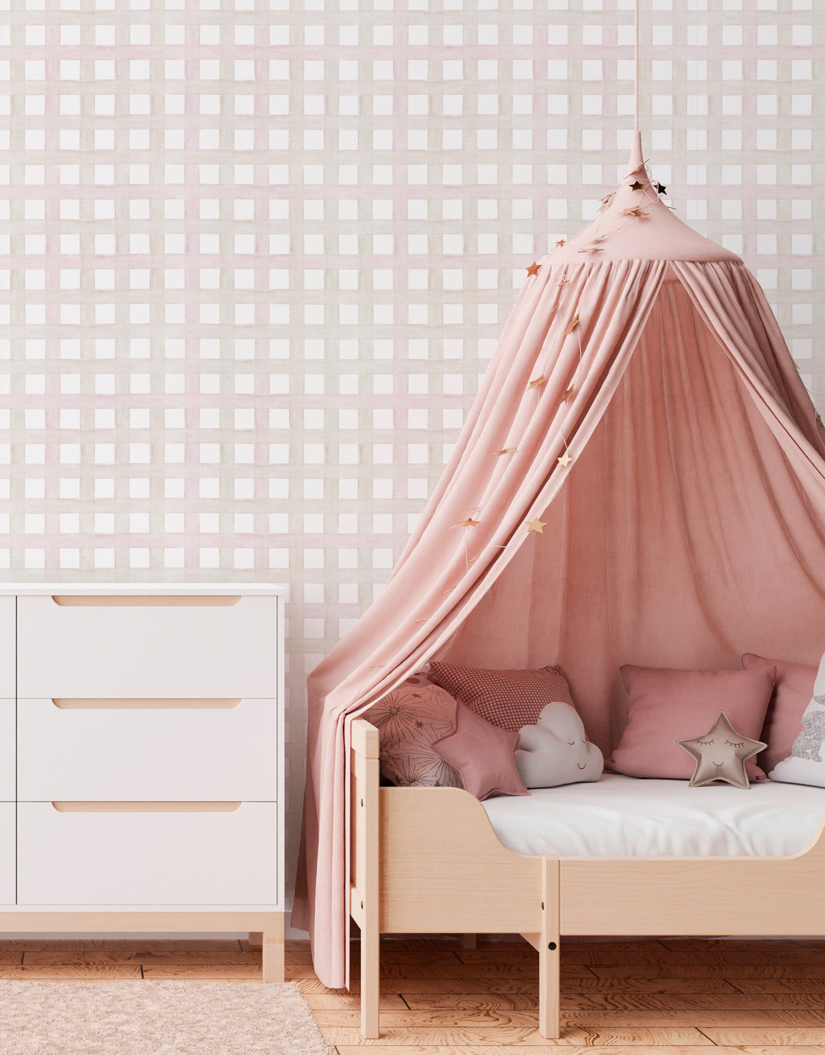 Papel de Parede Adesivo Xadrez Grid Bege e Rosa