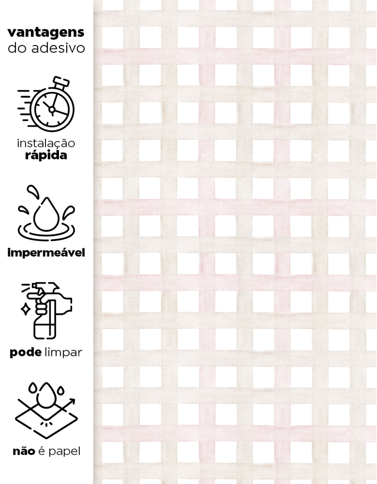 Papel de Parede Adesivo Xadrez Grid Bege e Rosa