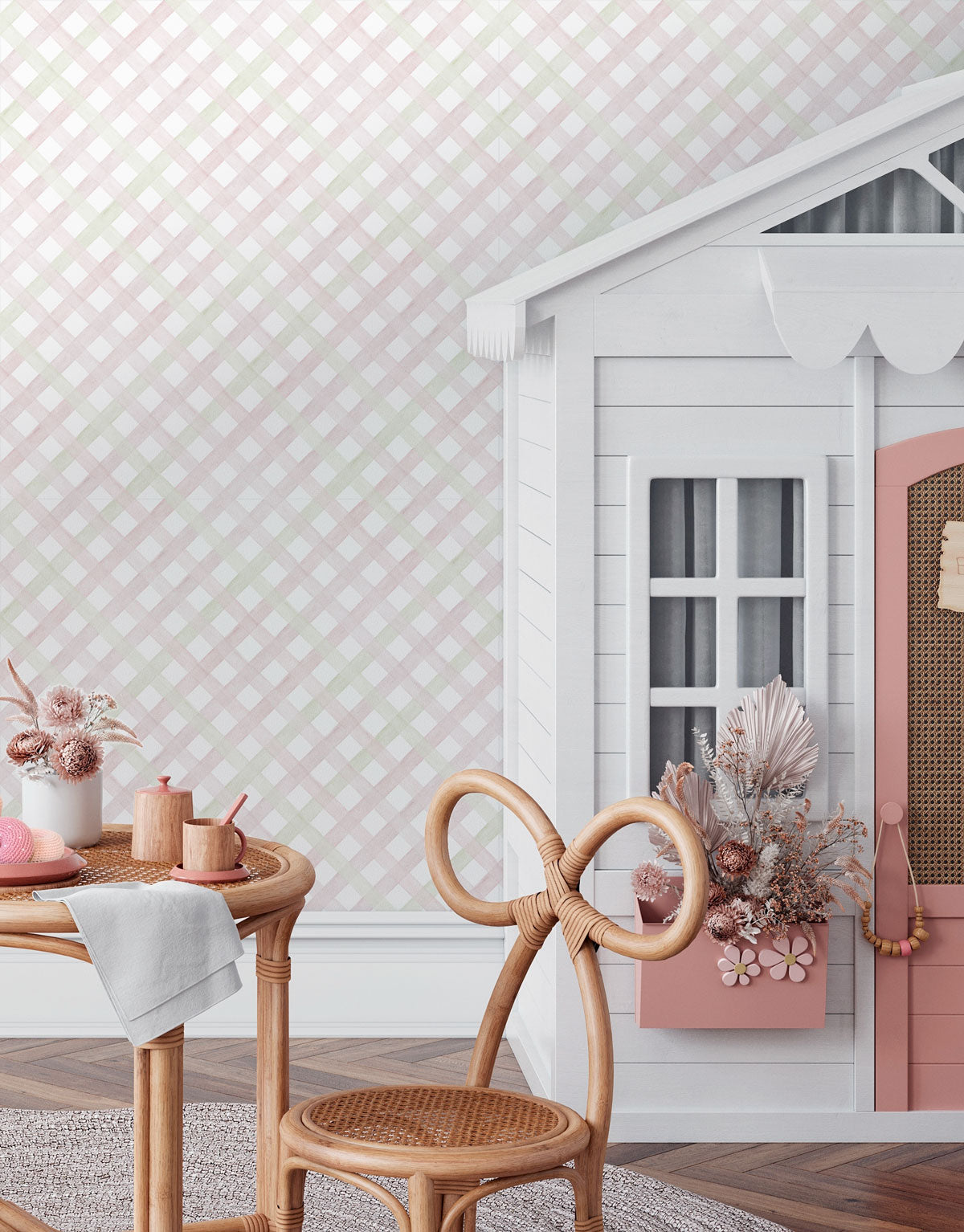 Papel de Parede Adesivo Trellis Aquarela Rosa Bebê e Verde