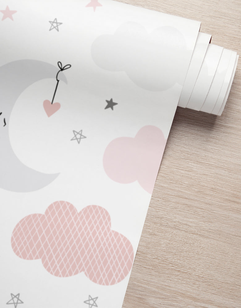 KIT DE 7 ROLOS - 2,50m x 50cm - Papel de Parede Céu Estrelado Menina