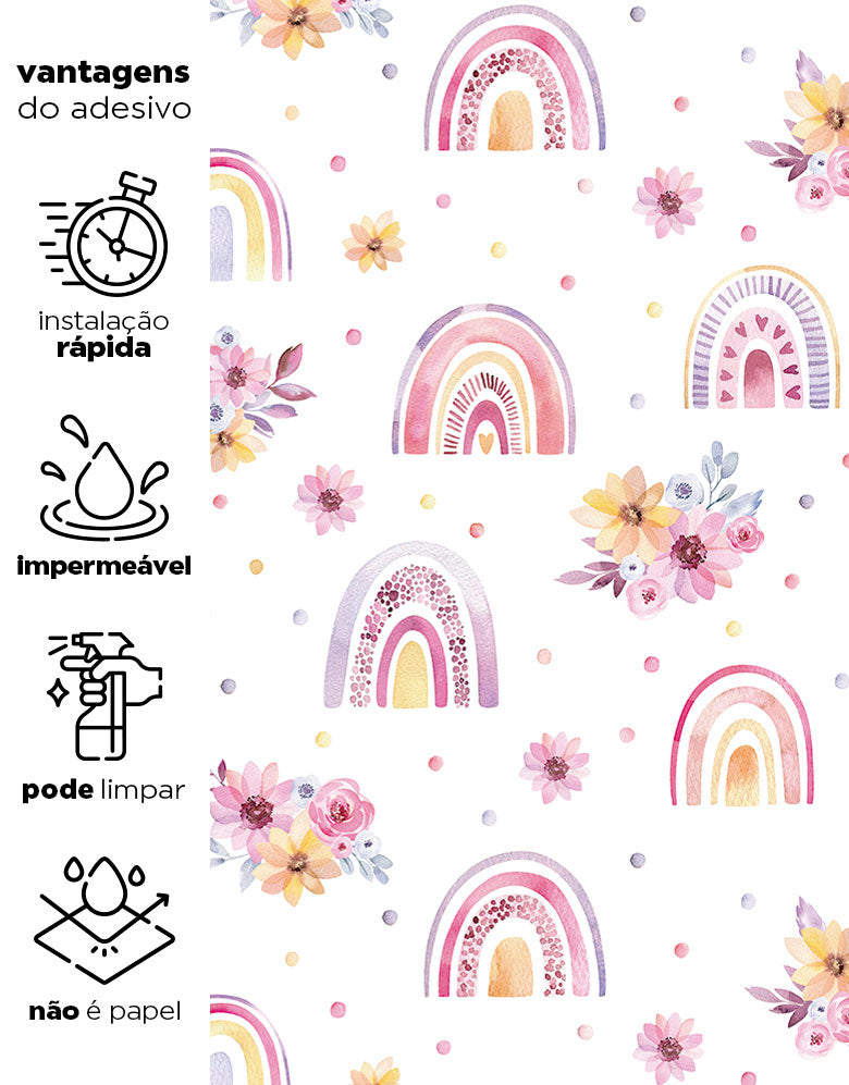 KIT DE 4 ROLOS - 1,00m x 50cm - Papel de Parede Adesivo Arco Iris Boho