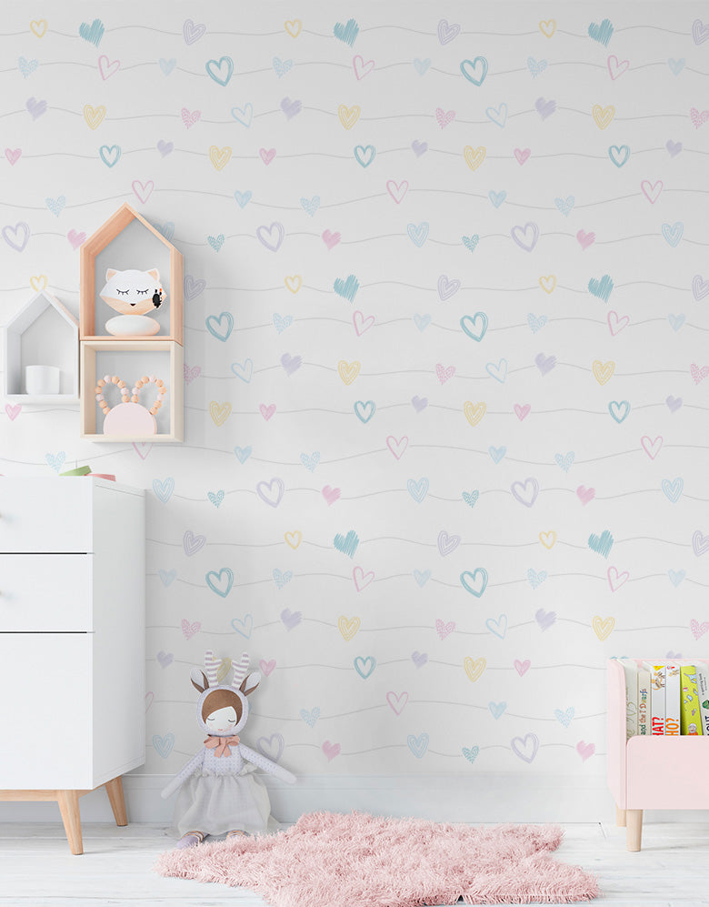 KIT DE 3 ROLOS - 3,00m x 50cm - Papel de Parede Corações Lineares