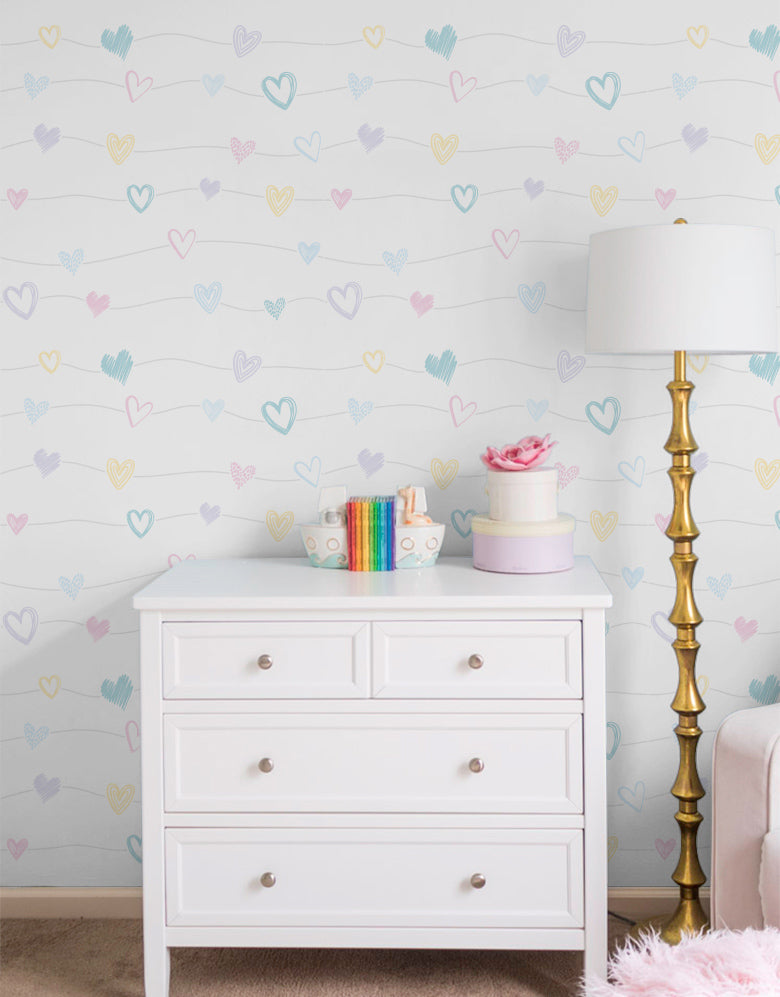 KIT DE 3 ROLOS - 3,00m x 50cm - Papel de Parede Corações Lineares