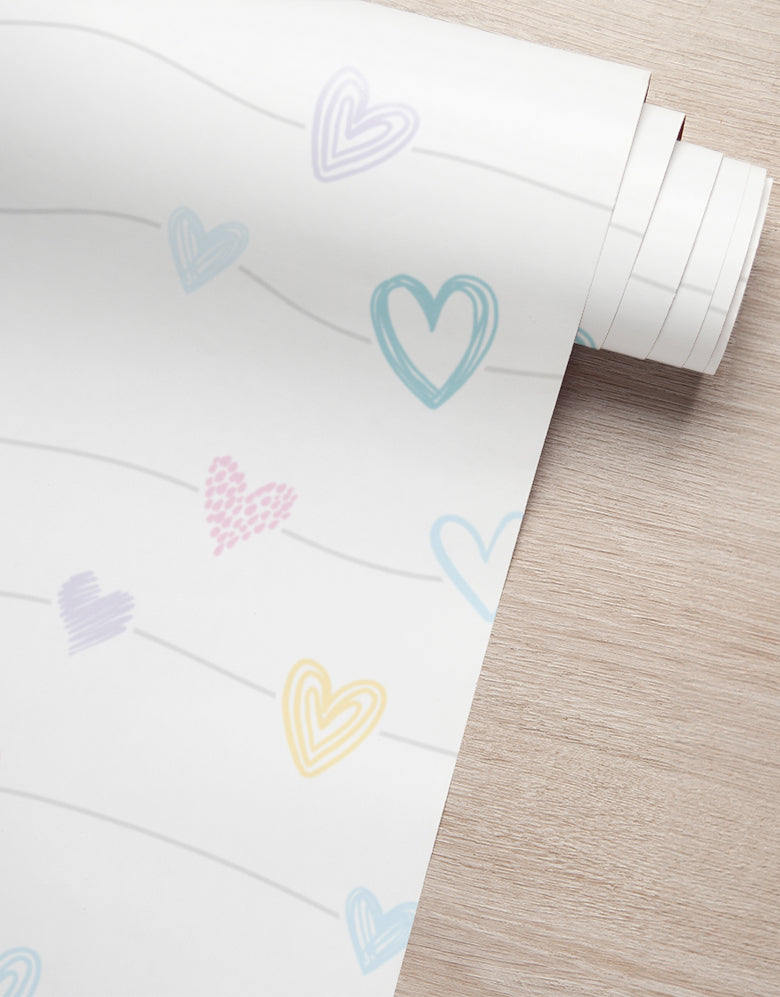 KIT DE 3 ROLOS - 3,00m x 50cm - Papel de Parede Corações Lineares