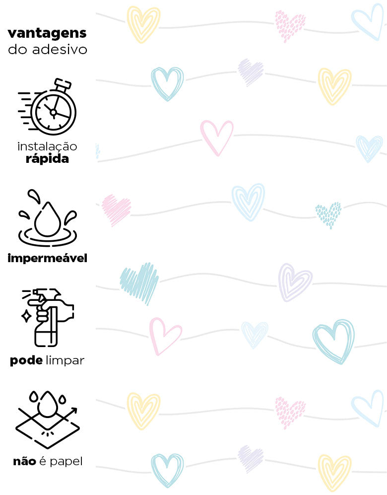 KIT DE 3 ROLOS - 3,00m x 50cm - Papel de Parede Corações Lineares