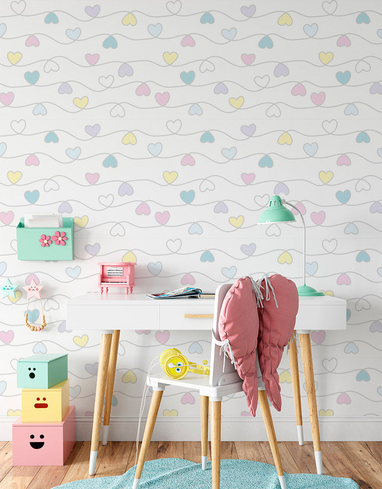 KIT DE 8 ROLOS - 1,50m x 50cm - Papel de Parede Corações Coloridos