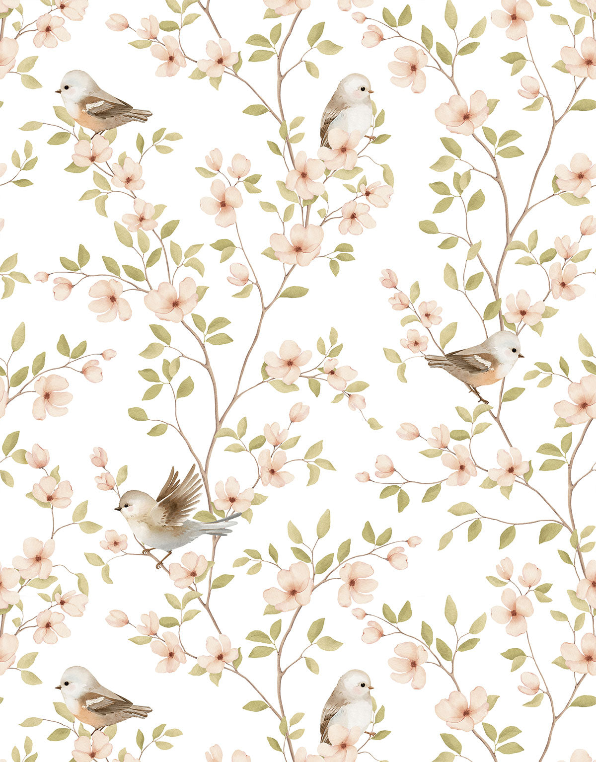 Papel de Parede Adesivo Pássaros e Flores Aquarela