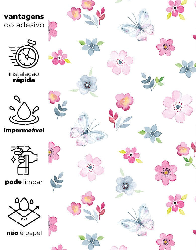 KIT DE 3 ROLOS - 3,00m x 50cm - Papel de Parede Romântico Jardim Encantado