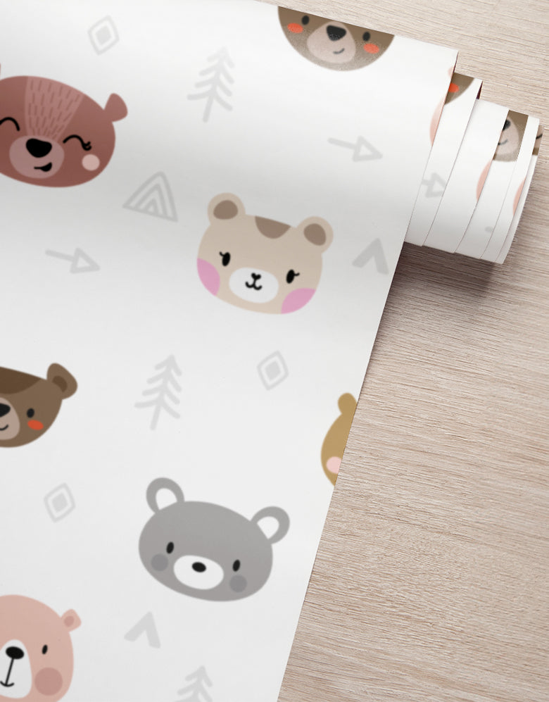 KIT DE 4 ROLOS - 2,50m x 50cm - Papel de Parede Adesivo Ursinhos Kawaii