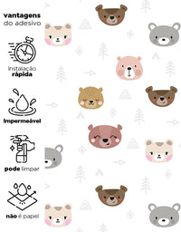 KIT DE 4 ROLOS - 2,50m x 50cm - Papel de Parede Adesivo Ursinhos Kawaii