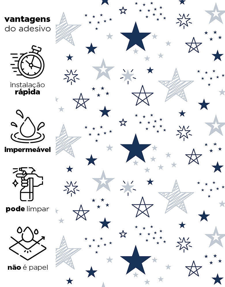 KIT DE 2 ROLOS - 3,00m x 50cm - Papel De Parede Adesivo Estrelas Encantada Azul