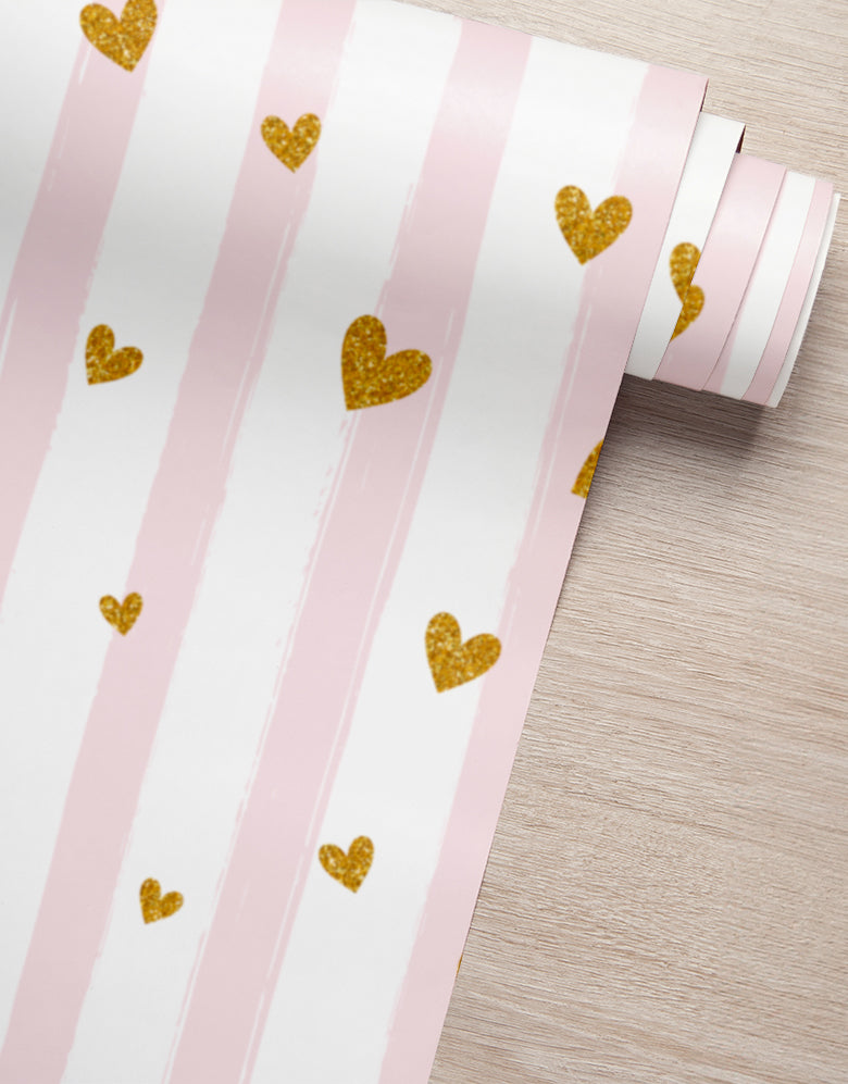 Papel De Parede Rosa Adesivo Listras E Corações De Glitter