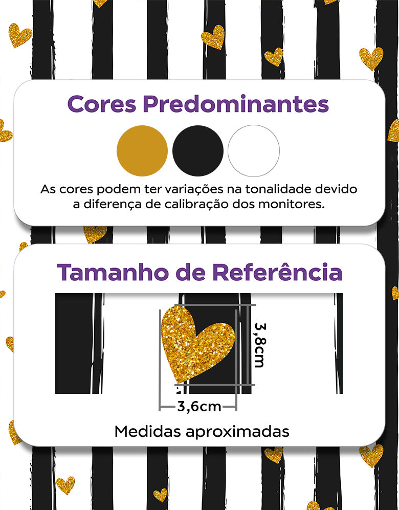 Papel de Parede Adesivo Preto Listras e Corações com Glitter